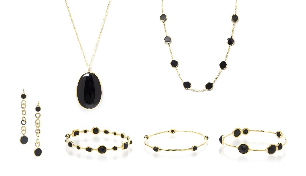 A Set of 18 Karat Yellow Gold and Onyx Jewelry, Ip: A Set of 18 Karat Yellow Gold and Onyx Jewelry, Ippolita, consisting of three bangle bracelets containing numerous bezel set, rose cut onyx, a pair of drop earrings containing four bezel set round ony