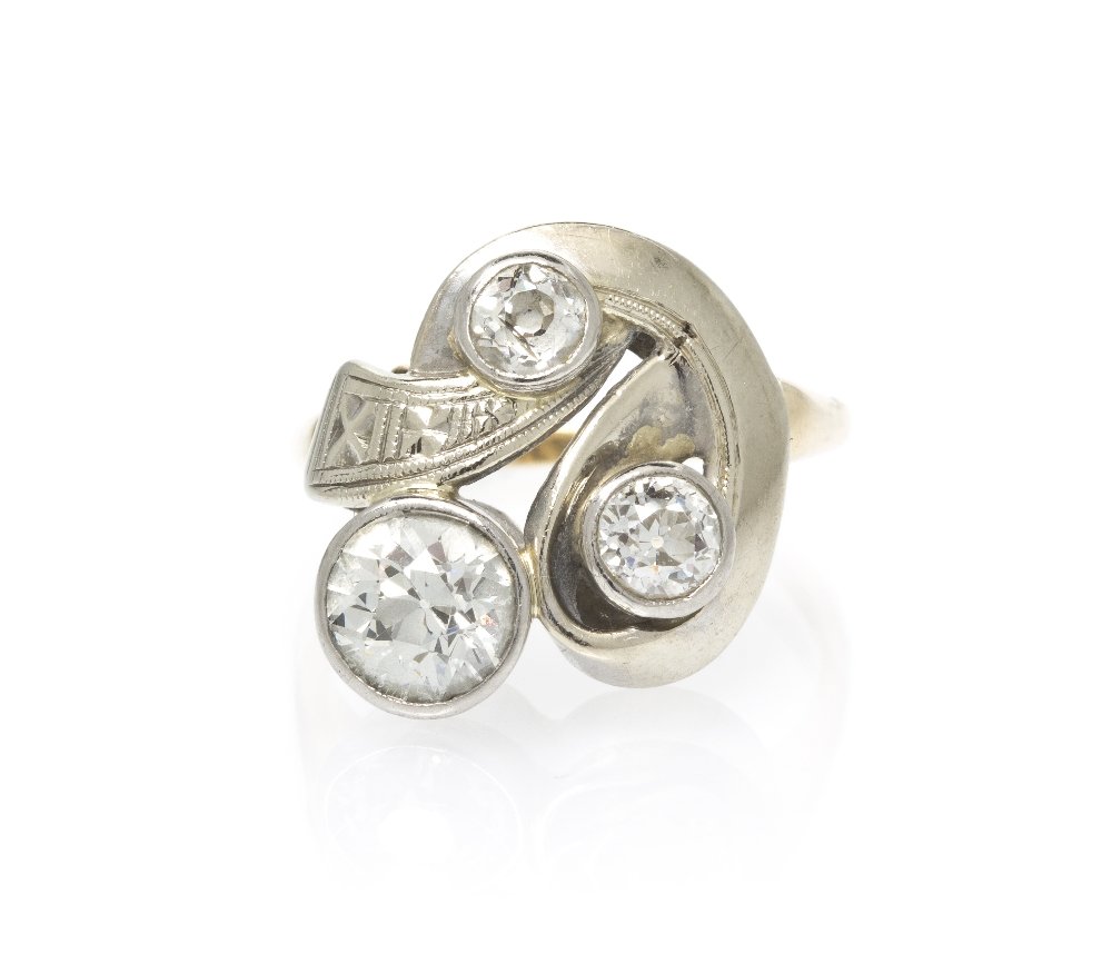 A Platinum, 14 Karat Yellow Gold and Diamond Ring,: A Platinum, 14 Karat Yellow Gold and Diamond Ring, containing one old European cut diamond weighing approximately 1.00 carat and two old European cut diamonds weighing approximately 0.50 carat total. 