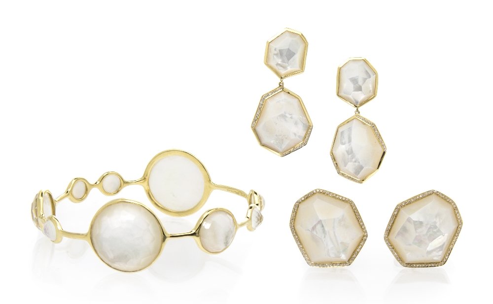 A Collection of 18 Karat Yellow Gold, Diamond and : A Collection of 18 Karat Yellow Gold, Diamond and Mother-of-Pearl Jewelry, Ippolita, consisting of a bangle bracelet containing nine bezel set mother-of-pearl backed rose cut rock crystal, together wi