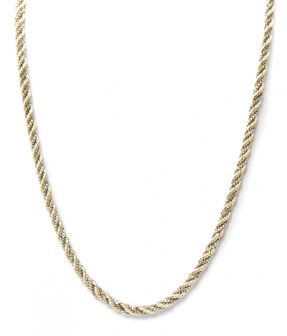 A 14 Karat Gold Chain, 11.70 dwts.: A 14 Karat Gold Chain, consisting of a white gold box chain twisted around a yellow gold rope chain. Stamp: 14K. Length: 18 1/2 inches. 11.70 dwts. Property from a Distinguished Private Collector