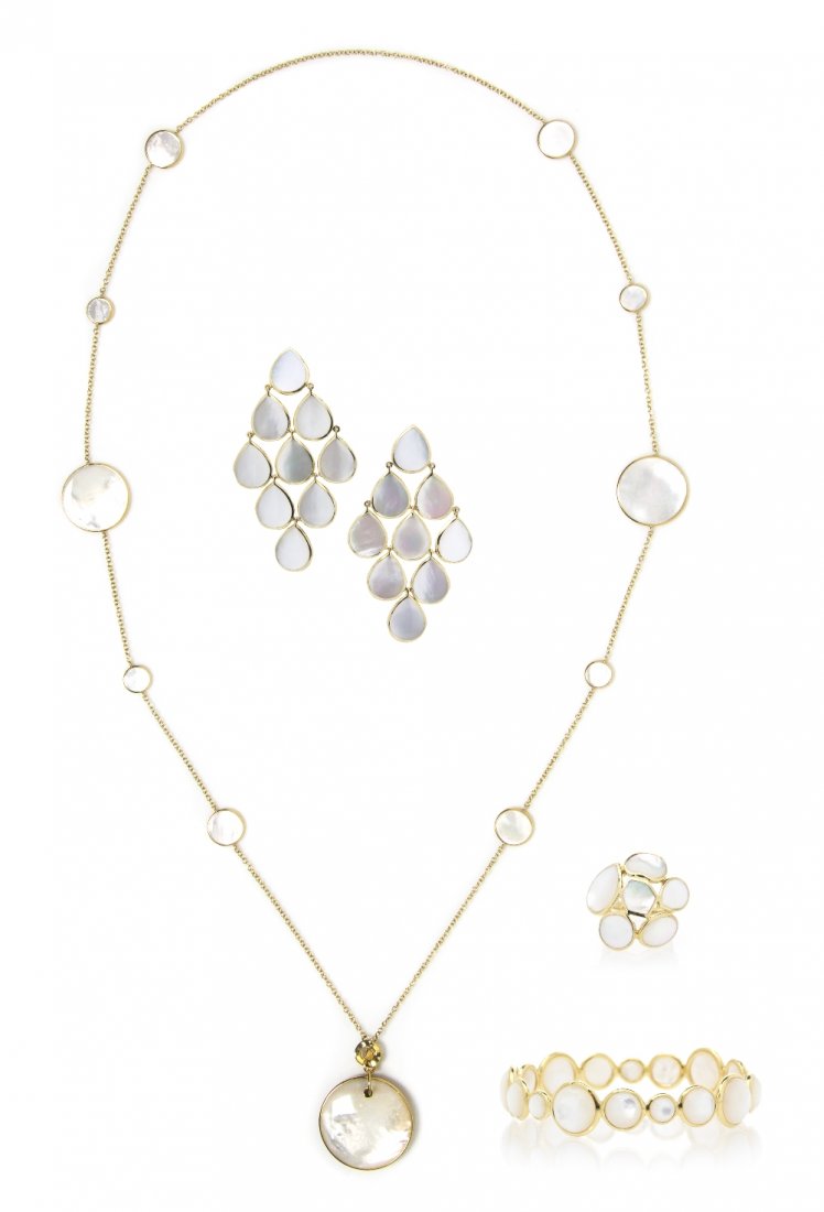 A Set of 18 Karat Yellow Gold and Mother-of-Pearl : A Set of 18 Karat Yellow Gold and Mother-of-Pearl Jewerly, Ippolita, consisting of a bangle bracelet, a pair of chandelier style earrings, a cluster ring, a pendant and cable chain necklace, all conta