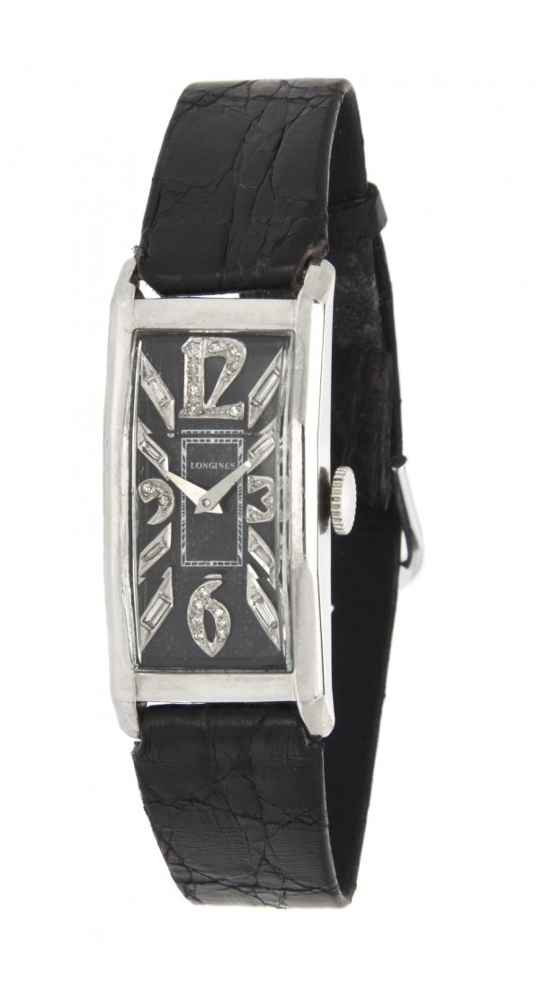 A Platinum and Diamond Wristwatch, Longines, Circa 1: A Platinum and Diamond Wristwatch, Longines, Circa 1938, 43.00 x 20.00 mm case measurements inclusive of lugs, black dial, applied white gold diamond set Arabic numerals, silvered index hands, snap on