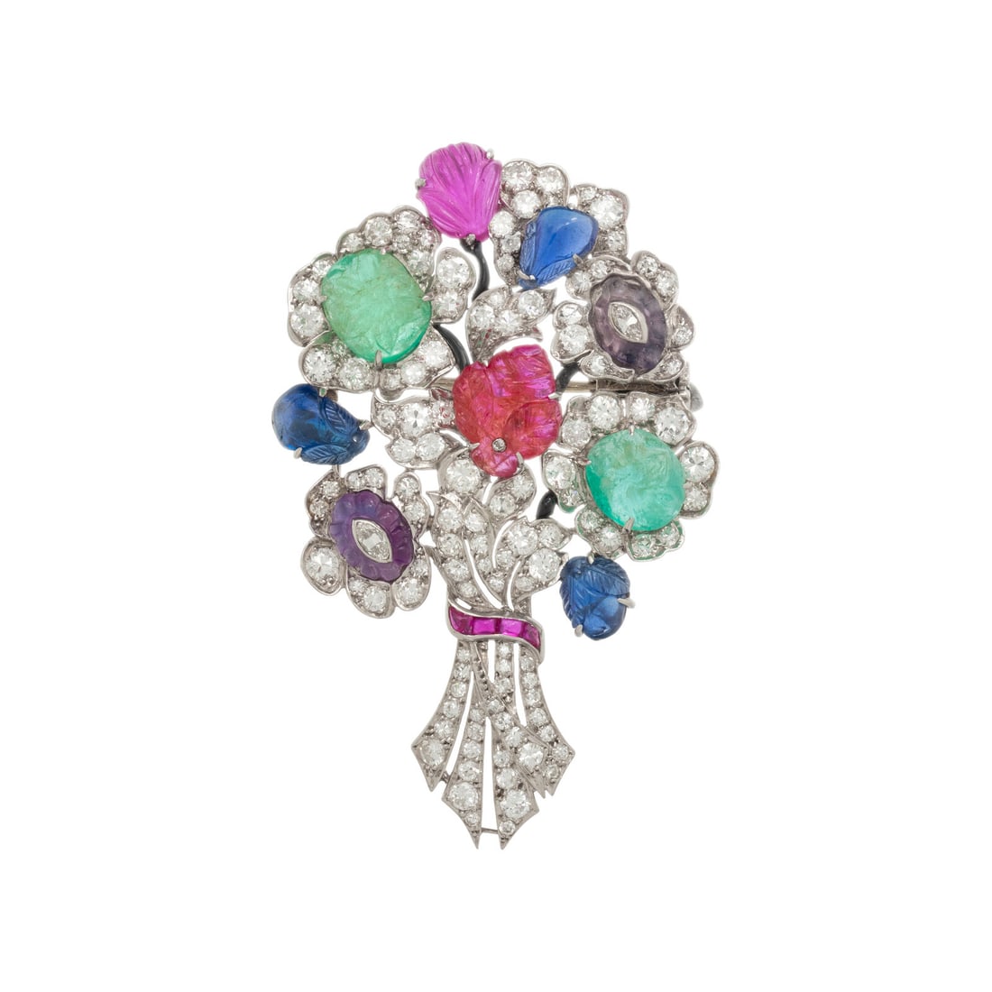 DIAMOND AND CARVED MULTIGEM BOUQUET BROOCH (1 of 2)