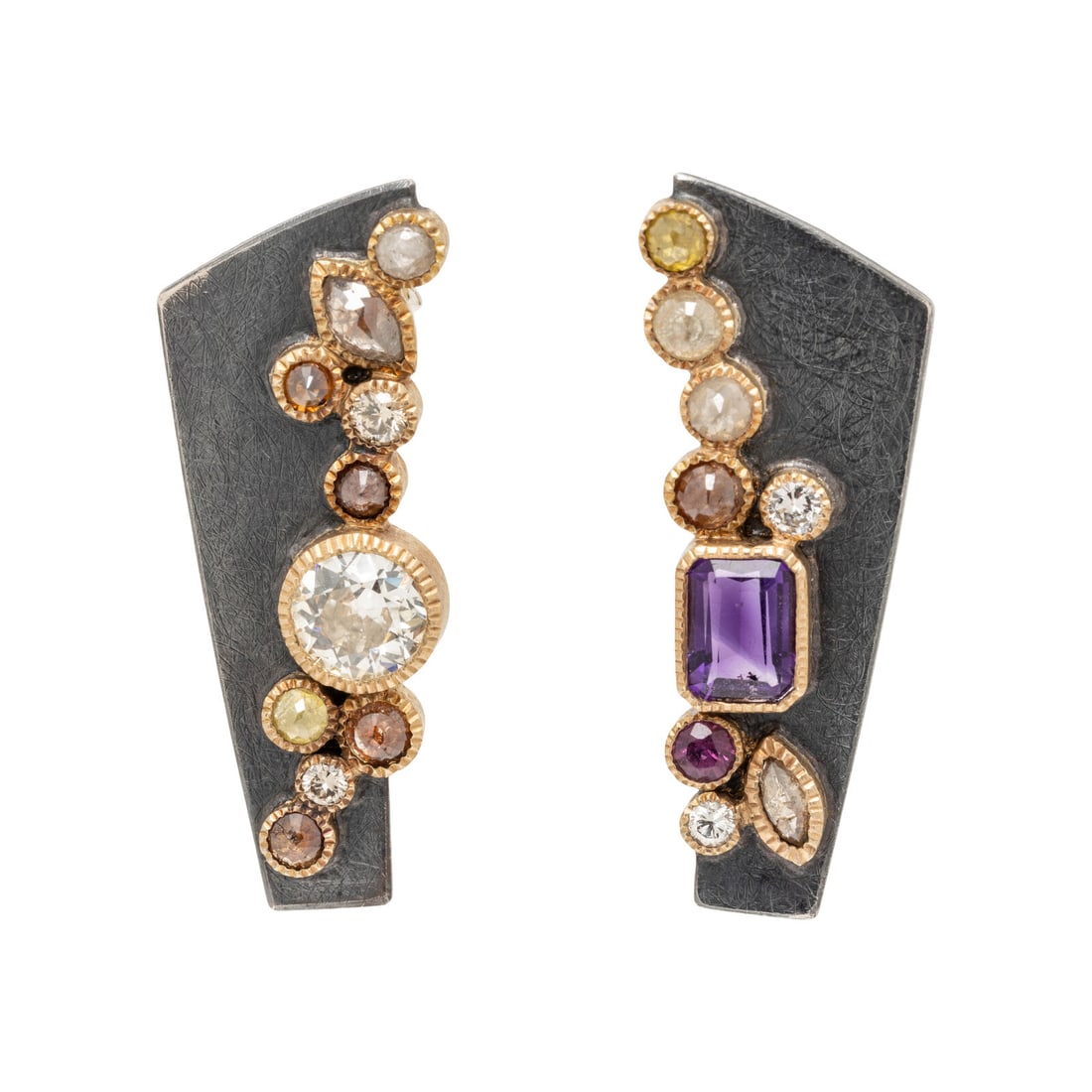 TODD REED, HAND FORGED STERING SILVER, YELLOW GOLD, MULTICOLORED DIAMOND, AND AMETHYST EARRINGS (1 of 2)