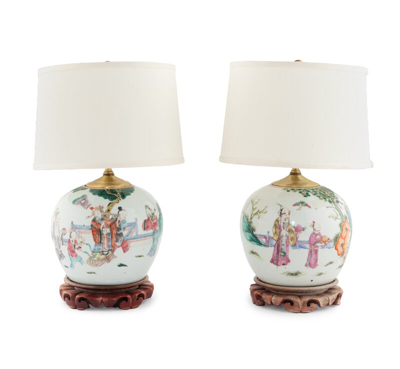 A Pair of Chinese Porcelain Jars Mounted as Lamps: A Pair of Chinese Porcelain Jars Mounted as Lamps Height to top of finial 19 1/2 inches. This lot is located in Chicago. Property from the Estate of Thomas C. Theobald, Chicago, I