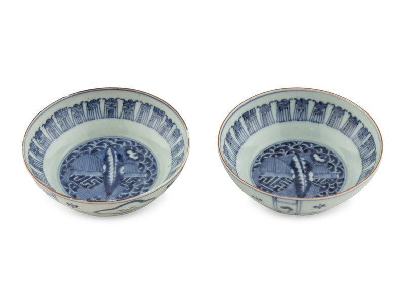 A Pair of Chinese Export Blue and White Porcelain Bowls: A Pair of Chinese Export Blue and White Porcelain Bowls 19th Century Diameter 5 3/4 inches. This lot is located in Chicago. Property from the Collection of Dr. James Dew, Atlanta, G
