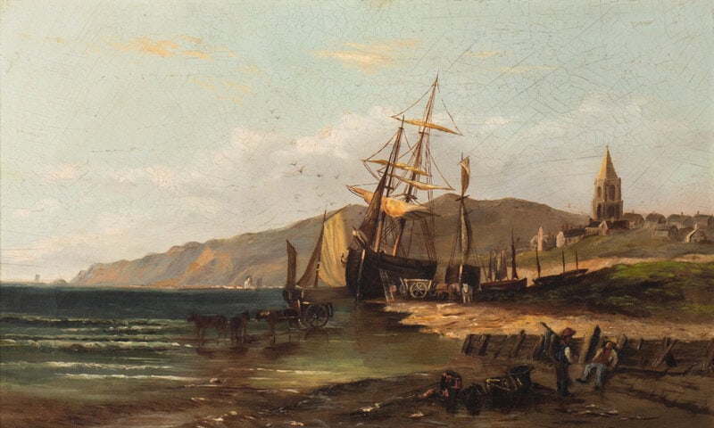 Dutch School (18th/19th Century): Dutch School (18th/19th Century) Seaside Scene oil on canvas 8 3/4 x 14 1/2 inches. This lot is located in Chicago. Condition Framed: 14 3/4 x 20 1/2 inches.Craquel