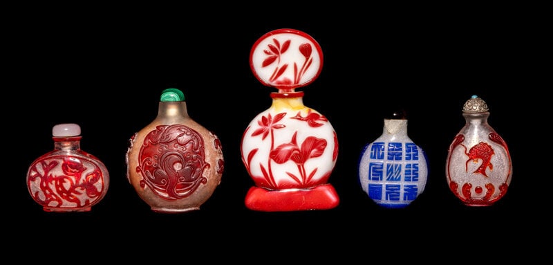 Five Chinese Colored Overlay Glass Snuff Bottles (1 of 2)