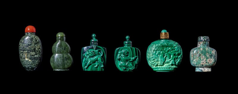 Six Chinese Green Hardstone and Glass Snuff Bottles (1 of 2)