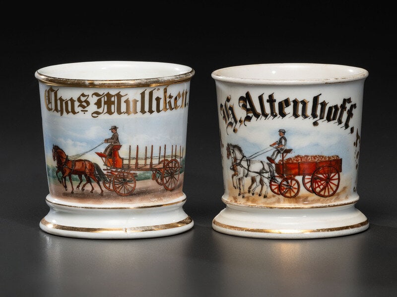 Two Porcelain Occupational Shaving Mugs Depicting a Drayman and a Deliveryman (1 of 3)