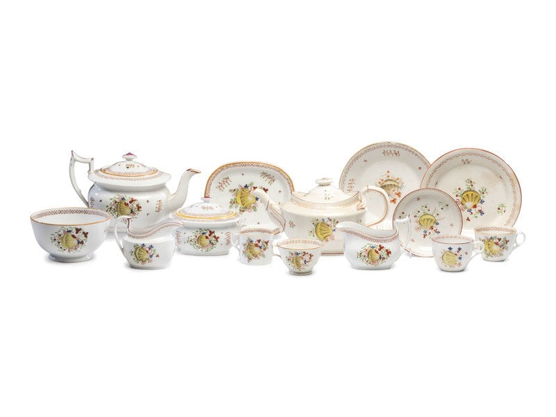 A New Hall Porcelain Tea Service: A New Hall Porcelain Tea Service Staffordshire, England, Circa 1790-1810 assembled, with yellow shell and seaweed motif, comprising:4 teapots2 lidded sugar bowls5 cream pitchers