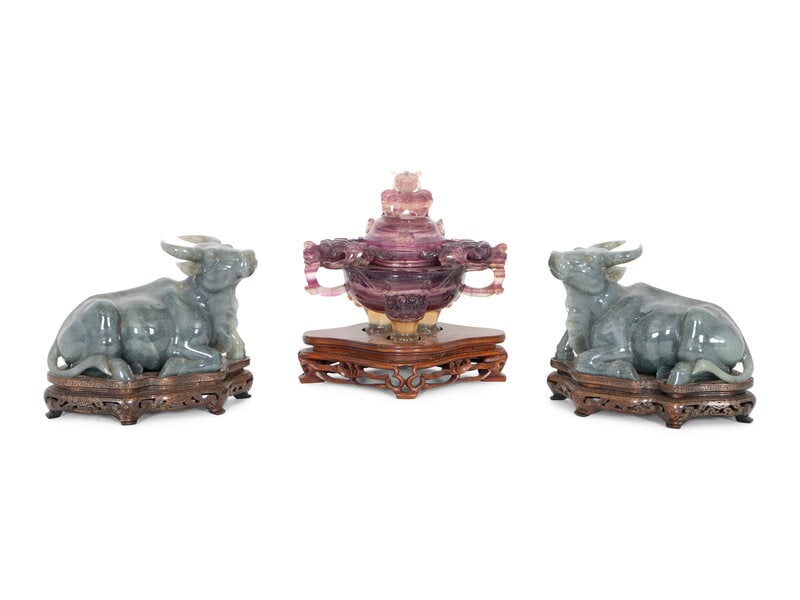 A Trio of Chinese Carved Hardstone Figures on Stands (1 of 4)