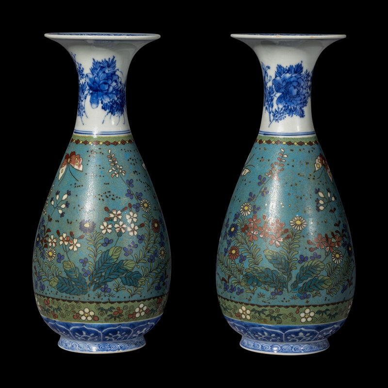A Pair of Japanese Blue and White and Cloisonné Enamel Porcelain Vases (1 of 4)