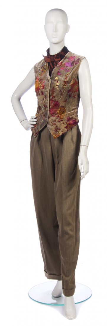 A Bill Blass Painted Velvet Ensemble, Size 10.: A Bill Blass Painted Velvet Ensemble, orange velvet and gold painted jacket with gold velvet and multicolor painted vest, together with taupe wool pants and a gold lace camisole. Labeled: Bill Blass.