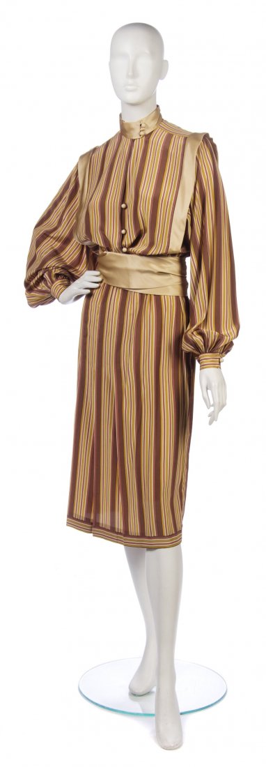An Emanuel Ungaro Multicolor Stripe Silk Daywear En: An Emanuel Ungaro Multicolor Stripe Silk Daywear Ensemble, nude silk trim. Labeled: Emanuel Ungaro / 2063-9-78. Size 42. Property from the Estate of Eunice Johnson, Chicago, Illinois