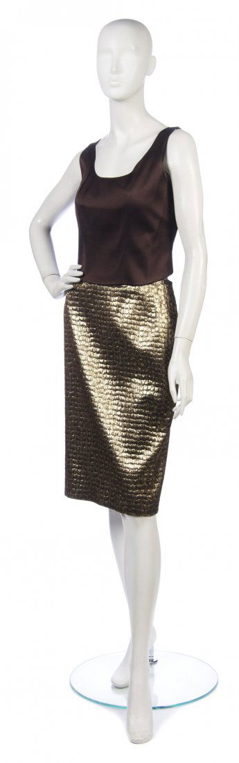 A Mario Borsato Gold Lurex Evening Suit, Size 44.: A Mario Borsato Gold Lurex Evening Suit, brown mink trim. Labeled: Mario Borsato Couture. Size 44. Property from the Estate of Eunice Johnson, Chicago, Illinois