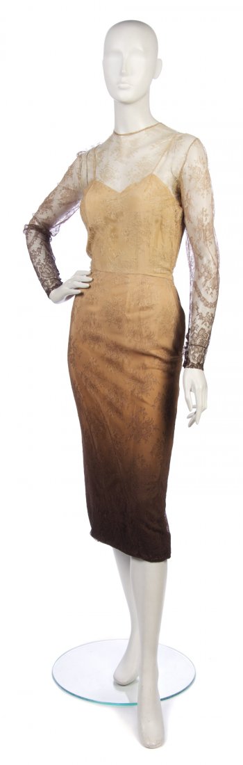 A Jeanne Paquin Beige Ombre Chantilly Lace Dress,: A Jeanne Paquin Beige Ombre Chantilly Lace Dress, 1950s, with nude slip. Labeled: Paquin / 87201. Property from a New York City Collection