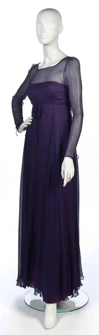 A Jean Varon Purple Chiffon Evening Gown, Size 12.: A Jean Varon Purple Chiffon Evening Gown, 1970s, sheer overlay with purple strapless lining underneath, tie under bust. Labeled: Jean Varon. Size 12. Property from a New York City Collection
