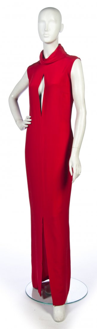 A Mila Schon Red Silk Evening Gown, Size 10.: A Mila Schon Red Silk Evening Gown, cowl collar, sleeveless, open vertical slit at bust. Labeled: Mila Schon. Size 10.
