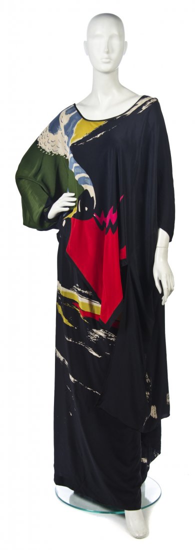 A Michaele Vollbracht Printed Silk Kaftan and Skir: A Michaele Vollbracht Printed Silk Kaftan and Skirt, in a fish and swan design. Labeled: Michaele Vollbracht.