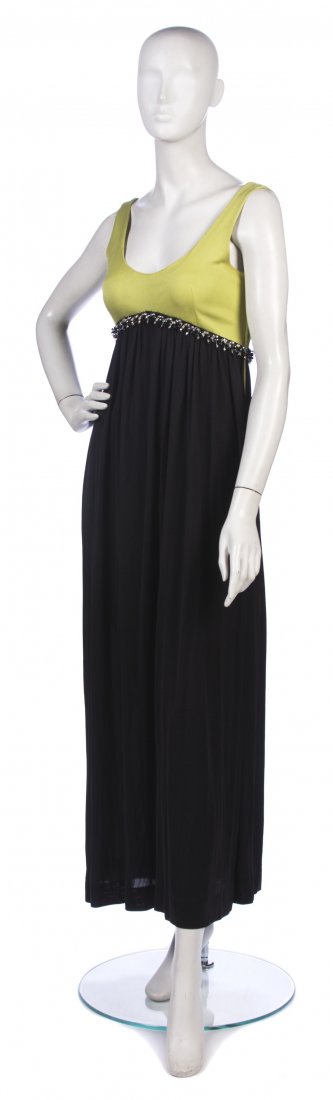 An Emilio Pucci Lime Green and Black Colorblock Je: An Emilio Pucci Lime Green and Black Colorblock Jersey Gown, empire waist embellished with black and silver rhinestones and beads. Labeled: Emilio Pucci. Property from a New York City Collection
