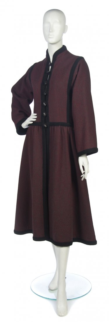 An Yves Saint Laurent Multicolor Wool Coat, Size 4: An Yves Saint Laurent Multicolor Wool Coat, red and green wool with black braided trim. Labeled: Saint Laurent. Size 42.