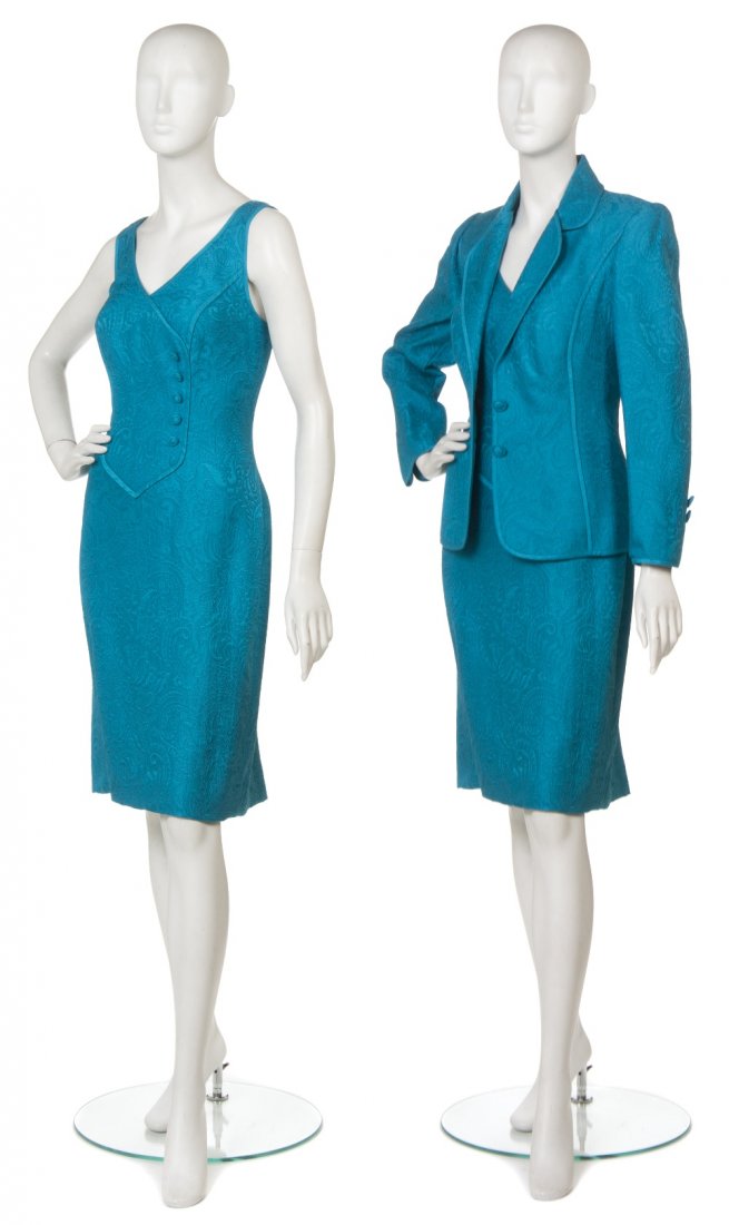 A Bob Mackie Turquoise Brocade Dress Suit,: A Bob Mackie Turquoise Brocade Dress Suit, comprised of a dress and jacket. Labeled: Bob Mackie.