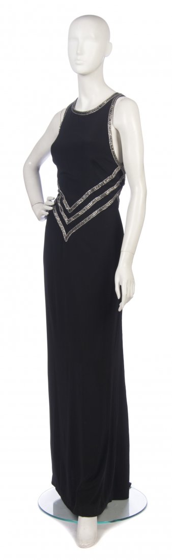 A Bob Mackie Black Silk and Beaded Evening Gown,: A Bob Mackie Black Silk and Beaded Evening Gown, silver and gold beaded trim and back. Unlabeled.