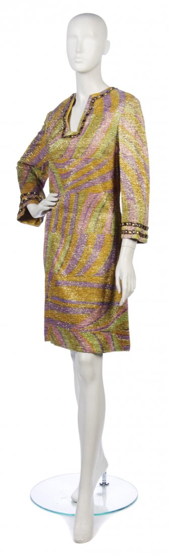 A Bill Blass Multicolor Geometric Print Tunic, Siz: A Bill Blass Multicolor Geometric Print Tunic, purple and gold rhinestone trim at neck and cuffs, gold lurex accents. Labeled: Bill Blass for Maurice Rentner. Size 16.