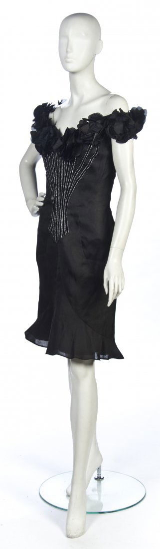 A Murray Arbeid Black Organza Bouquet Dress,: A Murray Arbeid Black Organza Bouquet Dress, trimmed in flower appliques at neckline, rhinestone bodice at front and back to look like flower stems, flared hemline, fully lined. Labeled: Murray Arbeid