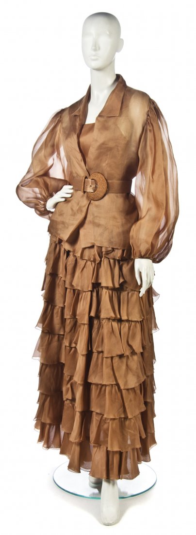 An Oscar de la Renta Copper Organza Evening Ensemb: An Oscar de la Renta Copper Organza Evening Ensemble, with tiered ruffle skirt, camisole, sheer jacket and accompanying belt. Labeled: Oscar de la Renta. Size 8. Property from a New York City Collecti