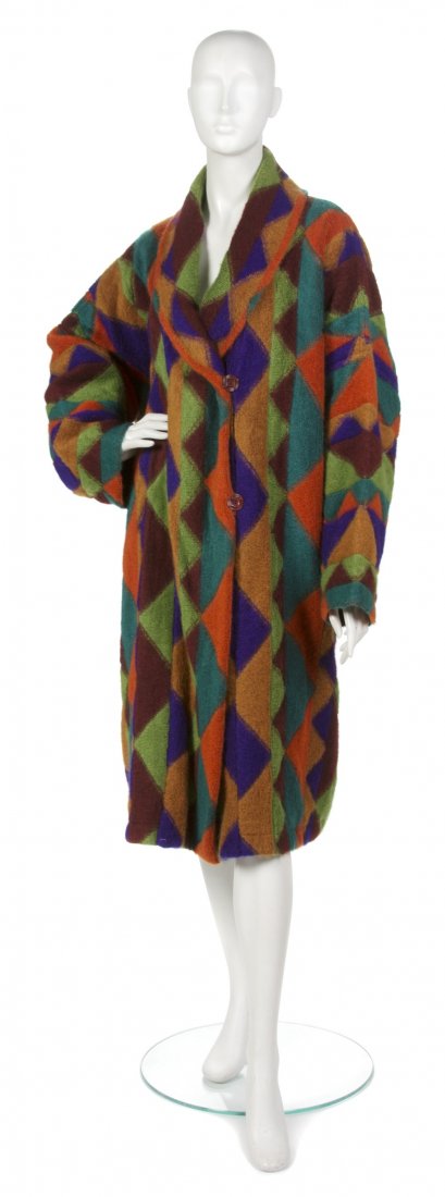 A Missoni Reversible Multicolor Wool Coat,: A Missoni Reversible Multicolor Wool Coat, one side in a geometric triangle design and the reverse in a multicolor quilted design. Labeled: Missoni.