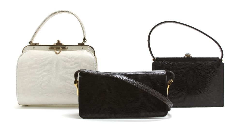 A Group of Three Lizardskin Bags,: A Group of Three Lizardskin Bags, comprised of a white lizardskin bag with goldtone hardware, a Koret black lizardskin bag with a turquoise and rhinestone clasp, and a black lizardskin bag with goldto