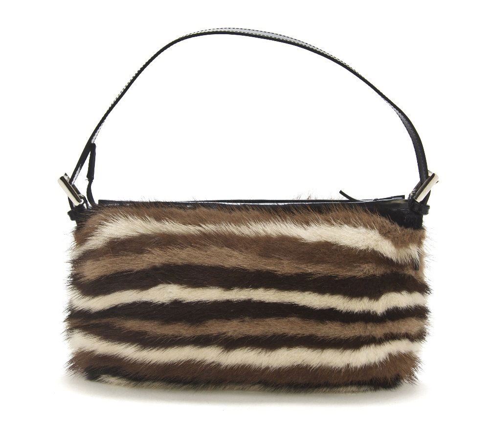 A Renaud Pellegrino Brown and Beige Striped Mink B: A Renaud Pellegrino Brown and Beige Striped Mink Bag, rectangular shape, dark brown vinyl handle, silvertone hardware, zipper closure, black fabric lining. Stamped: Renaud Pellegrino. 10 x 6 1/2 inche