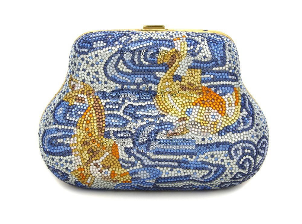 A Judith Leiber Crystal Coi Fish Evening Bag,: A Judith Leiber Crystal Coi Fish Evening Bag, orange, yellow, silver and blue crystals, rhinestone push clasp, goldtone hardware, chainlink hidden shoulder strap, gold kid leather lining, includes coi