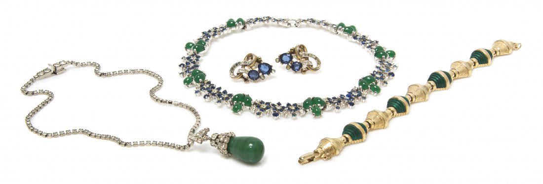 A Group of Costume Jewelry,: A Group of Costume Jewelry, circa 1950, comprised of a Ledo green carved glass bracelet, a Kramer NY rhinestone necklace suspending a green glass drop, a pair of Trifari blue and clear rhinestone clus