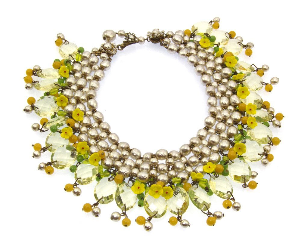 A Miriam Haskell Faux Baroque Pearl and Glass Bead: A Miriam Haskell Faux Baroque Pearl and Glass Bead Bib Necklace, 1940s, four rows of silver faux baroque pearls with another row of yellow and green beads. Stamped: Miriam Haskell.