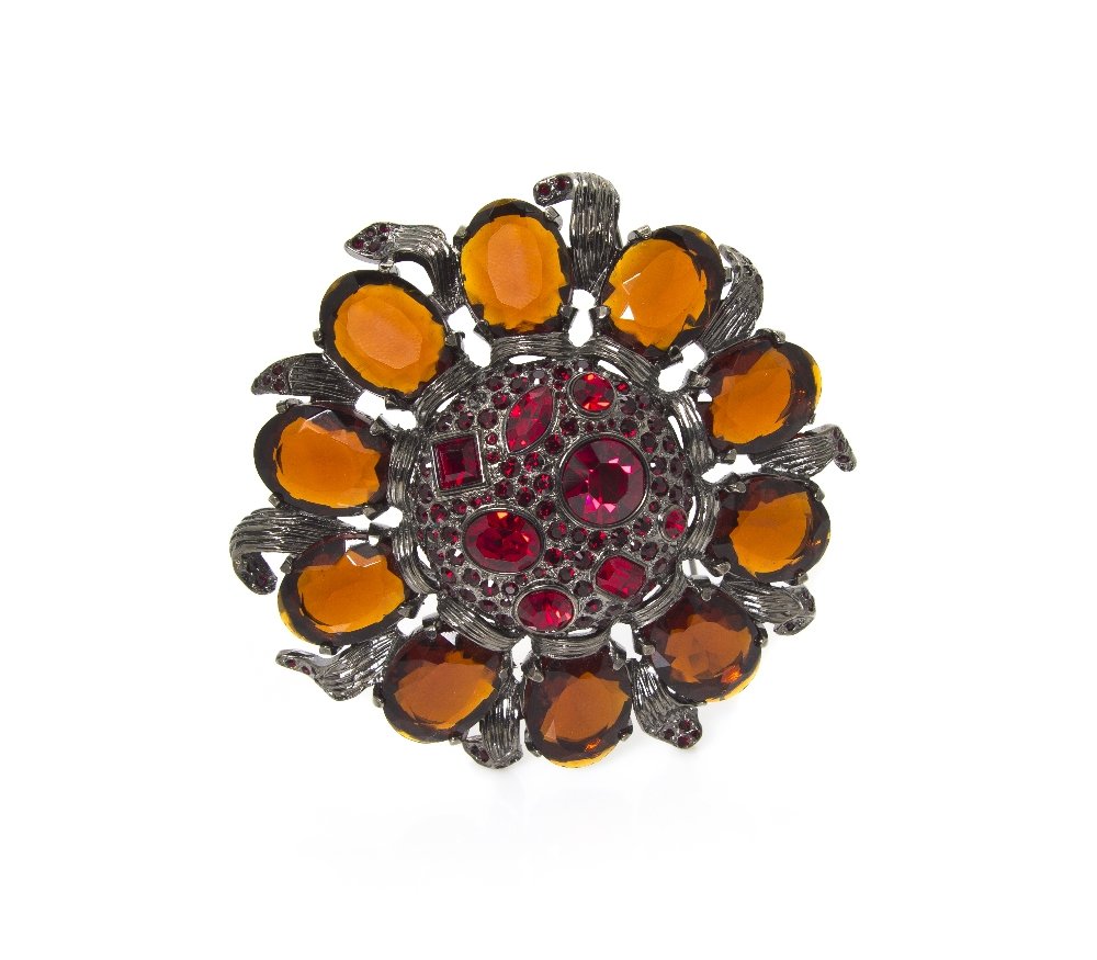 A Valentino Orange Paste and Rhinestone Brooch.: A Valentino Orange Paste and Rhinestone Brooch. Stamped: Valentino.
