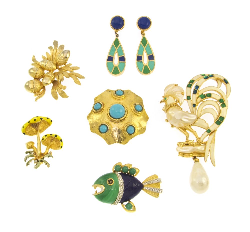A Group of Hattie Carnegie Costume Jewelry,: A Group of Hattie Carnegie Costume Jewelry, comprised of a polychrome enamel and faux pearl rooster brooch, a goldtone and faux turquoise disk brooch, a polychrome carved resin fish brooch, a goldtone