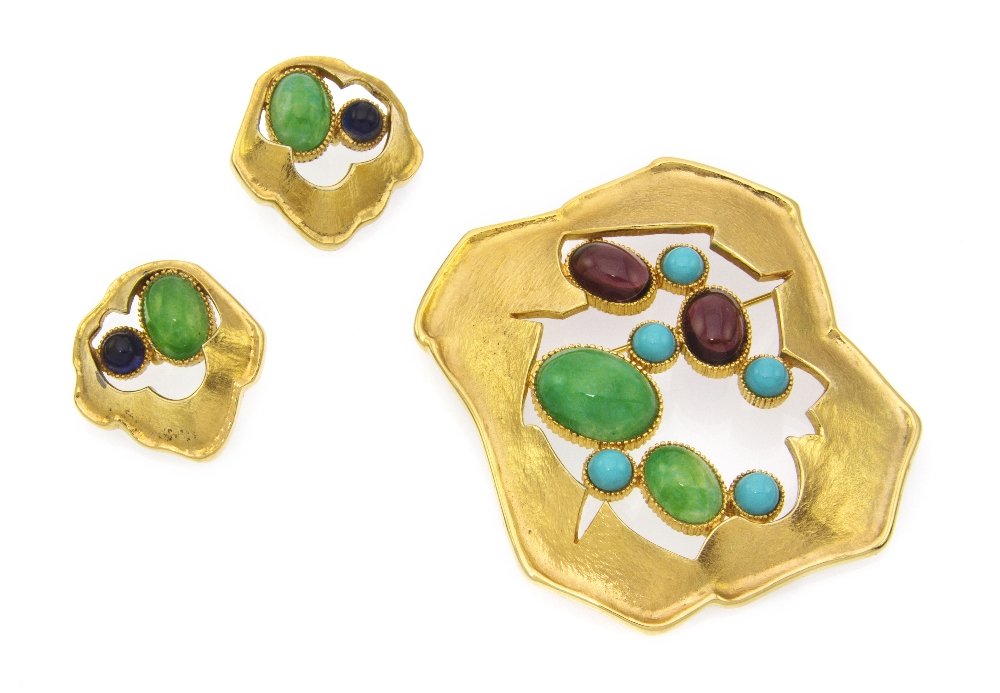 A Jomaz Goldtone and Multigem Cabochon Suite,: A Jomaz Goldtone and Multigem Cabochon Suite, comprised of a brooch and earclips. Stamped: Jomaz. Property from an Important Collector, Chicago, Illinois