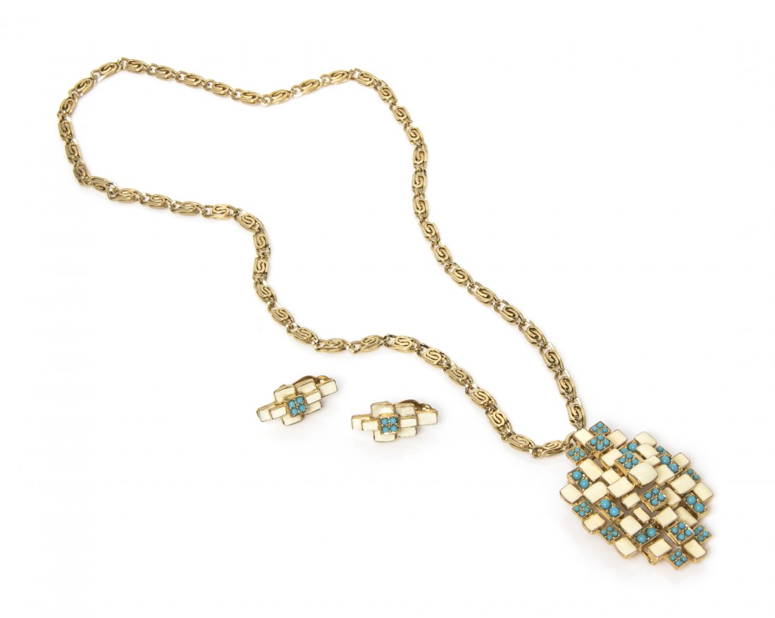 A Ciner Cream Enamel and Turquoise Suite,: A Ciner Cream Enamel and Turquoise Suite, comprised of a brooch and earclips in a cluster design, together with a goldtone swirl link chain. Brooch and earclips stamped: Ciner. Property from an Import