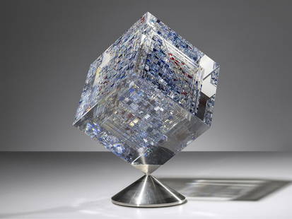 Jon Kuhn (American, b. 1949) Festive Moon: Jon Kuhn (American, b. 1949) Festive Moon clear optical lead glass cut 8 x 8 in (20.3 × 20.3 cm) | cube This lot is located in Chicago. Signed, titled and dated to the underside. Provenance: Marx Sau
