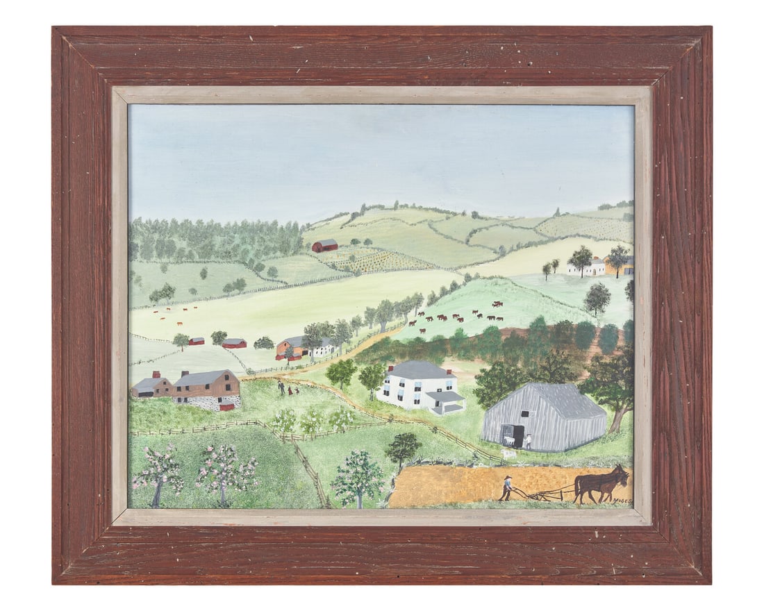Anna Mary Robertson "Grandma" Moses (1860-1961), Hoosick Hills, 1950: Anna Mary Robertson "Grandma" Moses (1860-1961), Hoosick Hills, 1950 Signed, "Moses," l.r., tempera on Masonite, framed. 19 in. x 24 in. (sight), 21 in. x 27 in. (frame) This lot is located in Philade