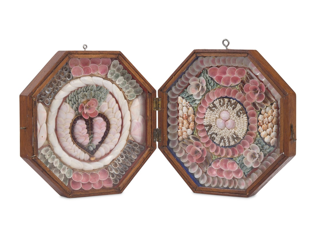 A Shellwork Double Sailor's Valentine, Likely Barbados, 19th Century: A Shellwork Double Sailor's Valentine, Likely Barbados, 19th Century Housed in a hinged case. 8 in. x 7 3/4 in. (sight), 9 in. x 9 in. (frame), each panel. This lot is located in Philadelphia. Propert