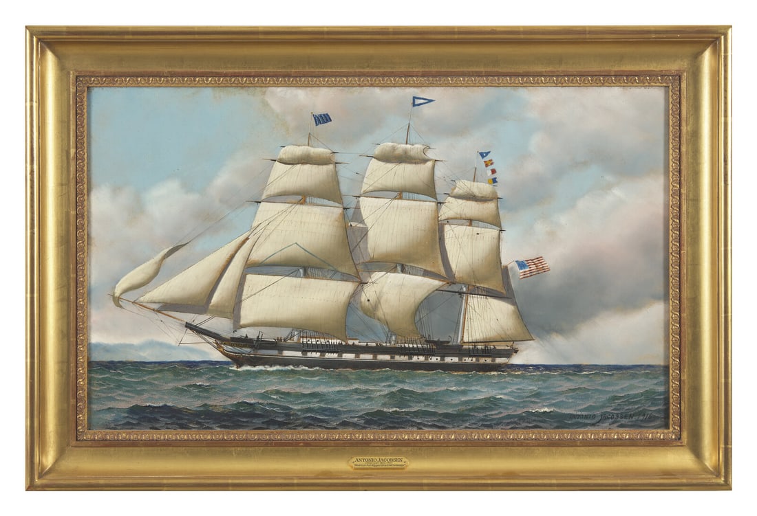 Antonio Nicolo Gasparo Jacobsen (Danish-American, 1850-1921), American Full Rigged Ship Shackamaxon,: Antonio Nicolo Gasparo Jacobsen (Danish-American, 1850-1921), American Full Rigged Ship Shackamaxon, 1916 Signed and dated, "Antonio Jacobsen 1916," l.r., oil on canvas, framed. ?18 in. x 30 in. (sigh