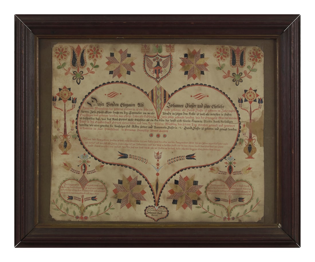 Johannes Bard (1797-1861), A Fraktur: Birth and Baptism Record for Johannes Fieffer, Germany (1 of 2)