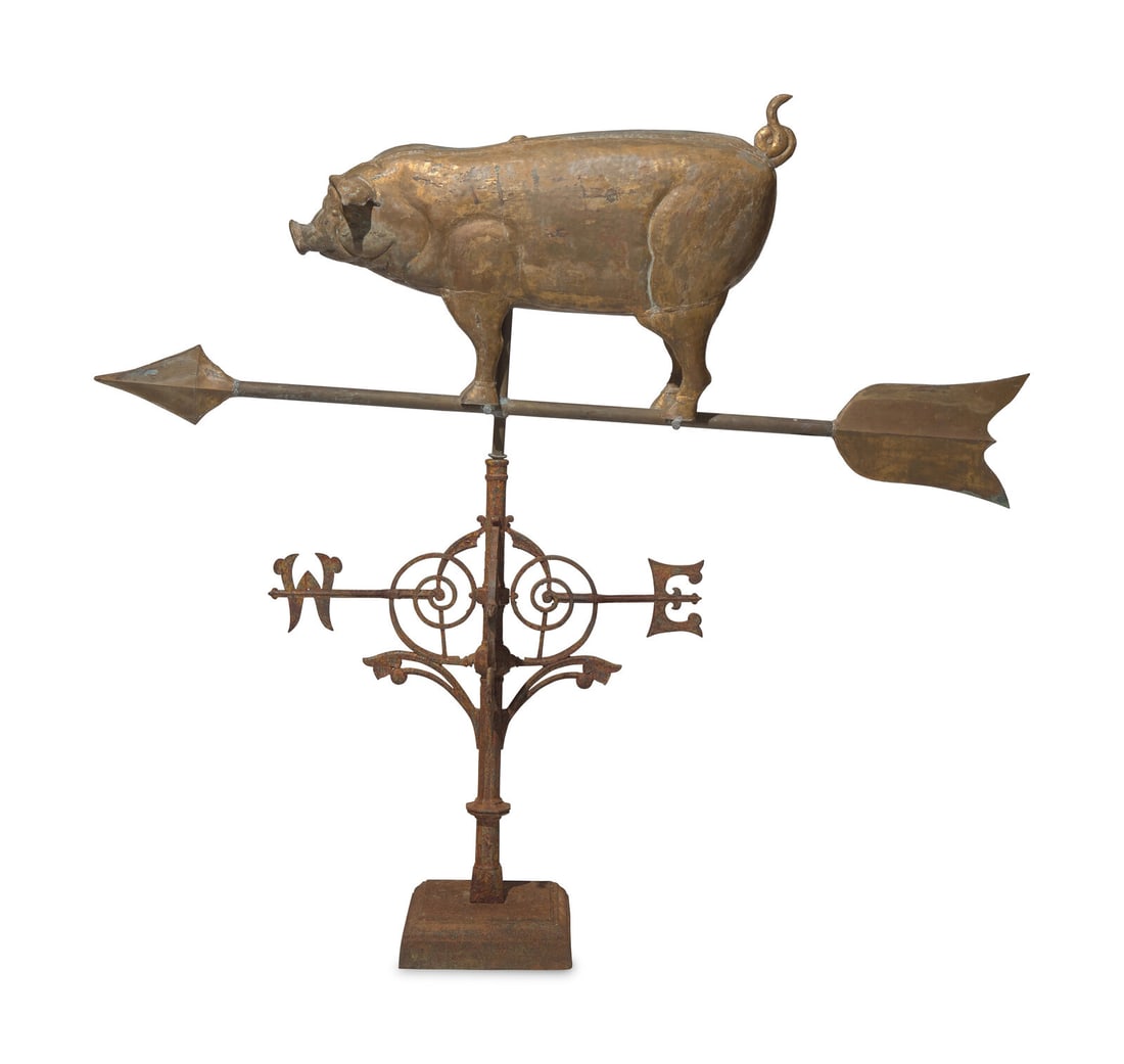 A Large Molded Gilt-Copper and Zinc Pig Weathervane, 20th Century: A Large Molded Gilt-Copper and Zinc Pig Weathervane, 20th Century On cast iron base. H: 68 3/4 in. W: 72 in. 6 ft. length This lot is located in Philadelphia. The Maharam Family Collection Provenance: