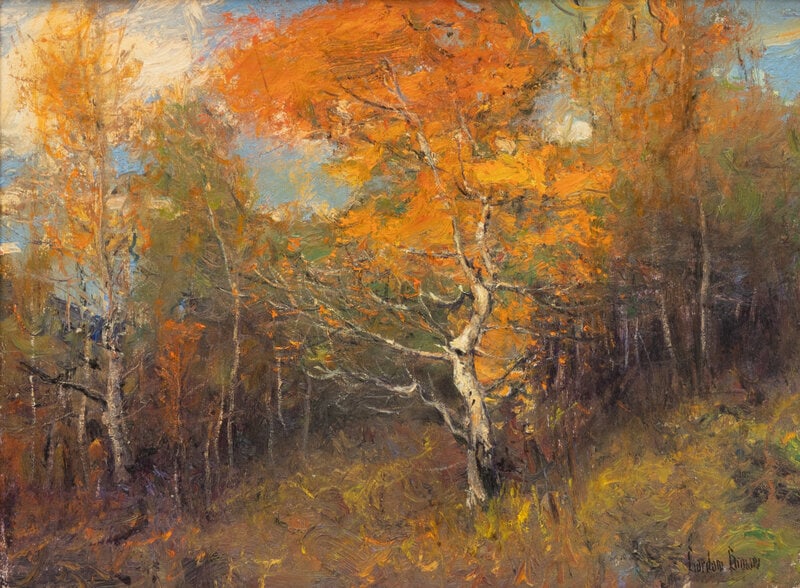 Gordon Brown (American, b. 1931) Aspen Trees: Gordon Brown (American, b. 1931) Aspen Trees oil on board Signed Gordon Brown (lower right) 12 x 16 inches This lot is located in Denver. Property from the Collection of Ms. S