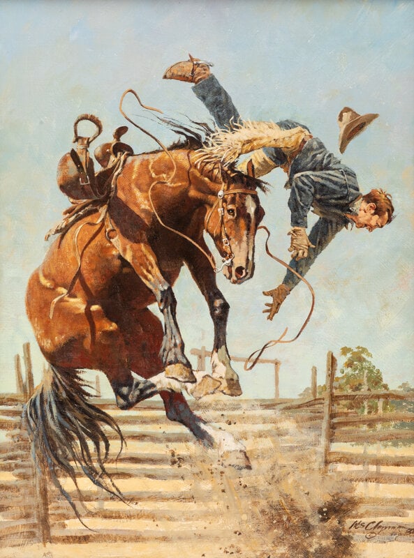 Wes Chapman (American, 1929-1995) Oops, 1982: Wes Chapman (American, 1929-1995) Oops , 1982 oil on board signed Wes Chapman and dated (lower right); signed and titled (verso) 24 x 18 inches This lot is located in Denver. Pr