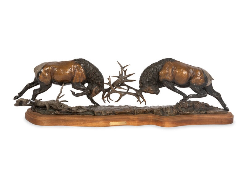 Lorenzo Ghiglieri (American, b. 1931) Royal Battle, 1987: Lorenzo Ghiglieri (American, b. 1931) Royal Battle , 1987 bronze signed Lorenzo Ghiglieri and dated (on base) height 10 1/2 x length 30 x depth 6 inches This lot is located in Denver.